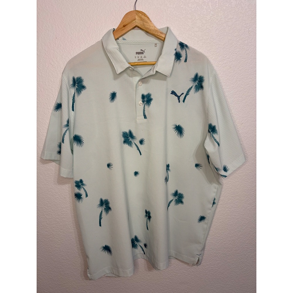 Puma Golf Polo Shirt Mens XL Mint Green Striped Palm Tree Tropical Short Sleeve - Picture 2 of 6